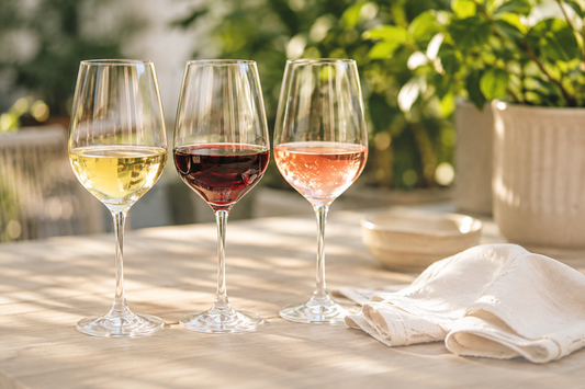 Drei Weingläser mit alkoholfreiem rose, weisswein und rotwein
